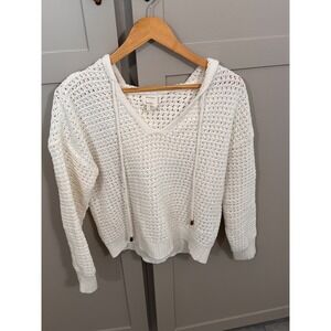 Artelier Nicole Miller Womens Ivory Crochet Knit Hoodie Sweater V-Neck Small